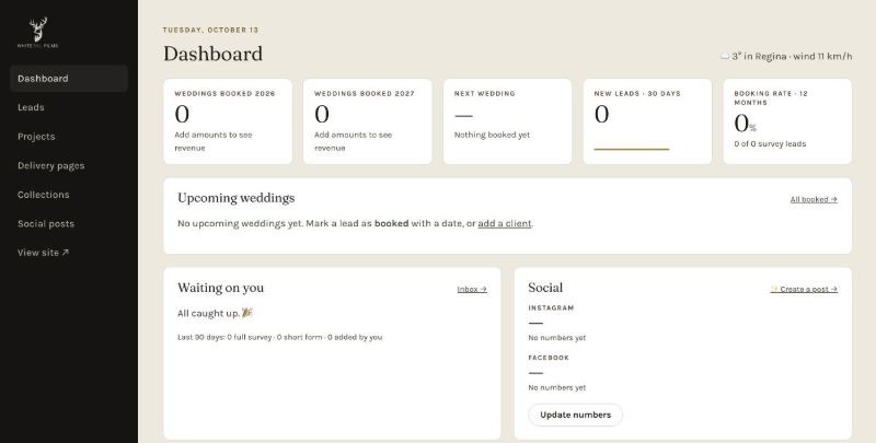 Whitetail admin dashboard with booking summary cards, upcoming weddings, waiting-on-you tasks and social tools
