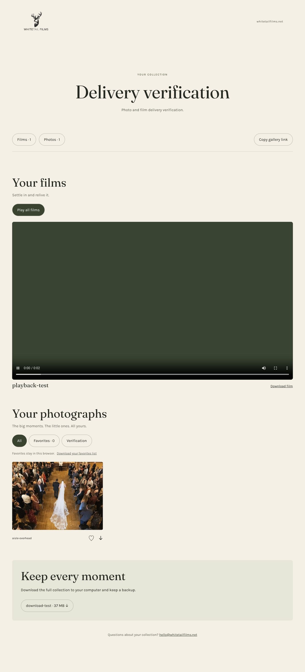 Actual Whitetail delivery verification gallery with a film player, photograph, favourites, download controls and collection download
