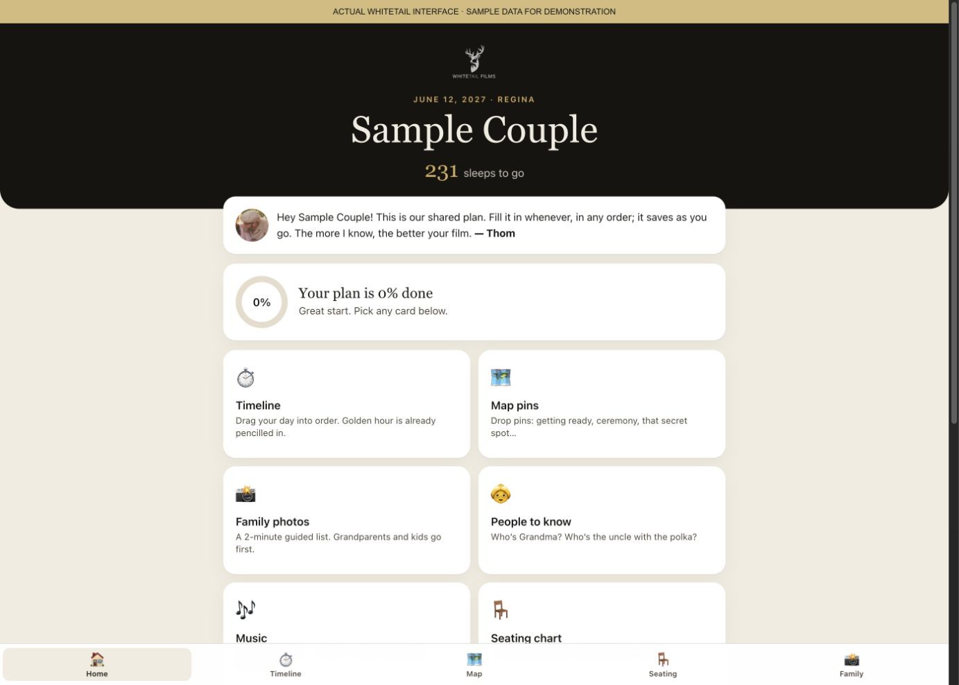 Actual Whitetail client portal interface with a Sample Couple heading, planning progress and cards for timeline, map pins, family photos and people